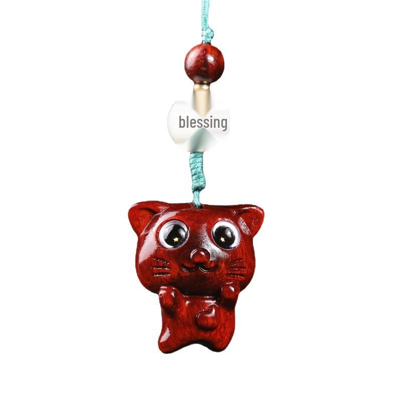 Dancing Cat Phone Charm with Red Sandalwood, Agarwood, and Green Sandalwood Pendant