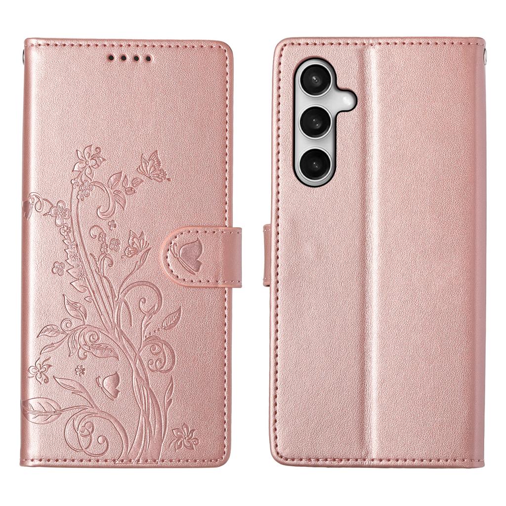 Etui portfelowe dla Samsunga Galaxy S25 FE z motywem motyla i kwiatowym nadrukiem, wykonane ze skóry PU, pokrowiec na telefon z paskiem na nadgarstek