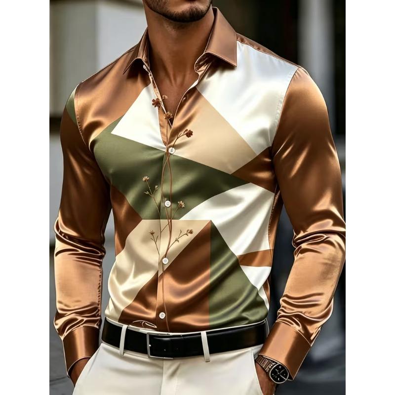 Men's Pink Floral Half Contrasting Fake 3D Printed Pattern Long Sleeved Shirt with Hanging Collar Top Clothing