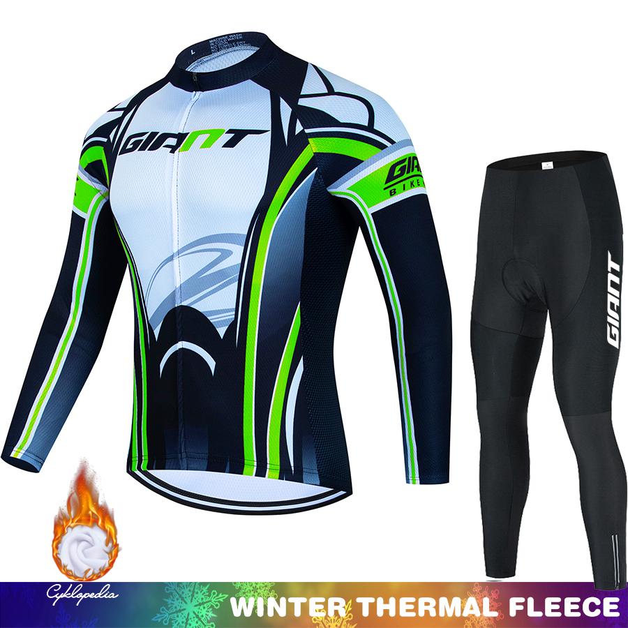 Retro Radtrikot Winter Fleece GIANT Fahrradkleidung Thermosuit Mann Herren Träger Sportbekleidung Set Outfit Termal Rennrad Räder