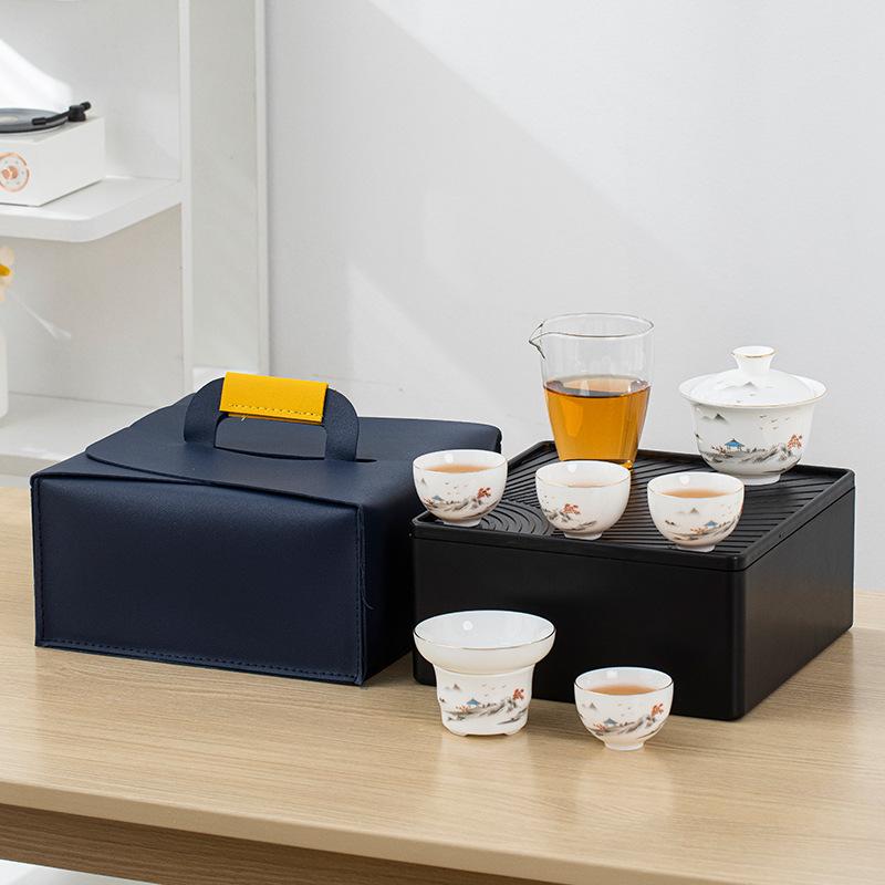 Ceramic mutton fat jade travel tea set set, commercial bank company event Mid-Autumn Festival gift, high-white clay ceramics