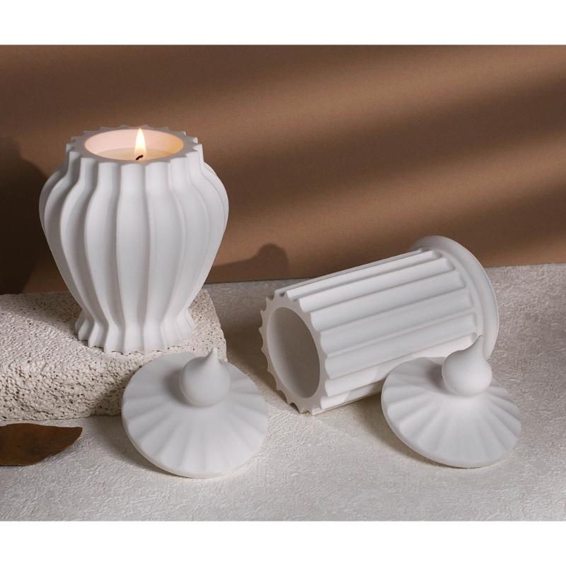 Striped Cylinder Resins Jar Molds Candlestick Molds for Making Candlestick Tealight Holder Storage Jar, Resins Lid Molds