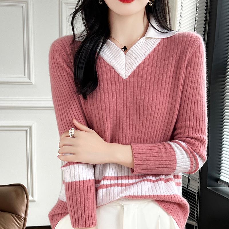 Women's College-Style V-Neck Striped Wool Knit Sweater for Autumn and Winter