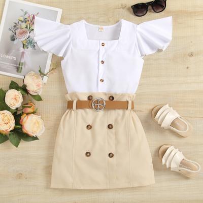 Mädchenanzug Sommer Kinder Strickjacke Oberteil Einfarbig A-Linien-Rock mit Gürtel