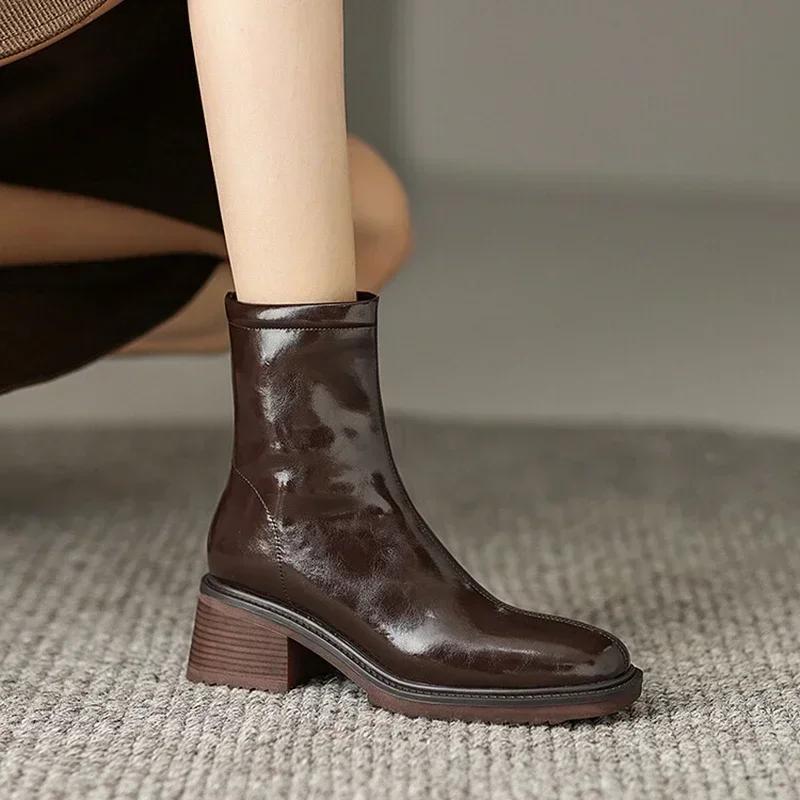 Fashion NEW Autumn/Winter Women Boots Split Leather Shoes for Women Square Toe Chunky Heel Shoes Zip Modern Boots Wool Warm Daily Shoes
