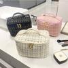 Chic Tweed Cosmetic Makeup Bag Large Capacity Handbag Travel Toiletry Organizer Portable Pouch For Women