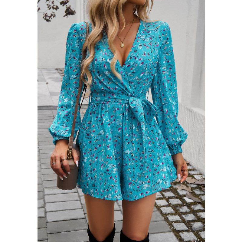 Women's Printed Long Sleeve High Waisted Strappy Jumpsuit Shorts