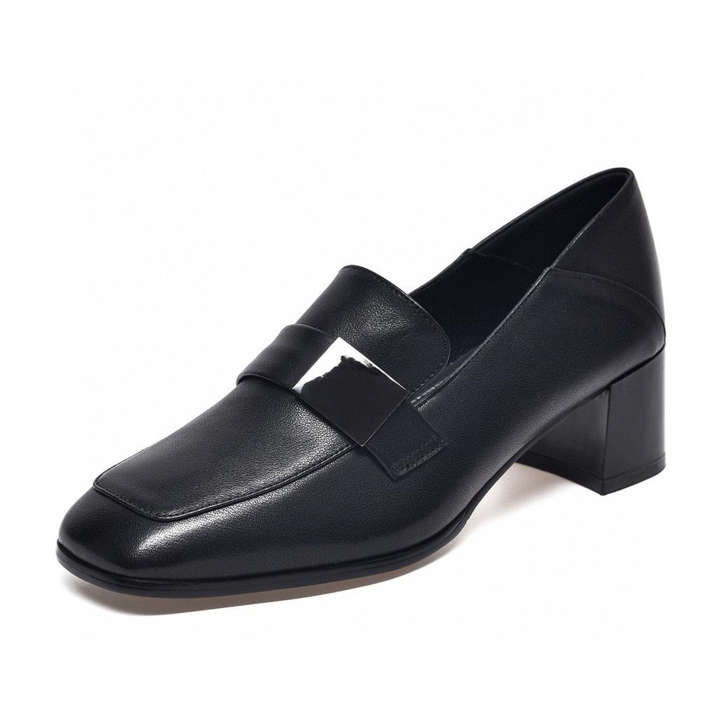 Temperament square head spring new simple thick heel square buckle first layer cowhide two wear deep mouth women's single shoes