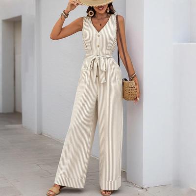 European & American 2026 Summer Casual Lace-Up Sleeveless V-Neck Striped Jumpsuit Romper for Women