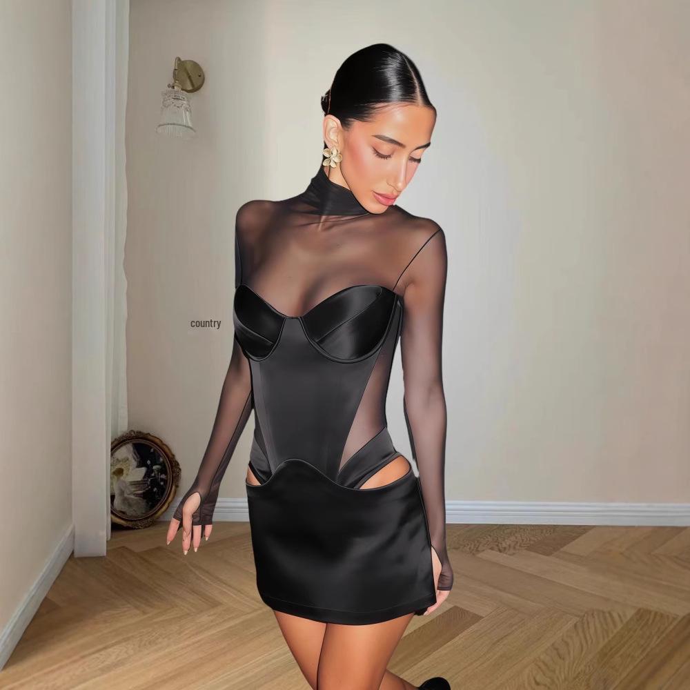 Elegant Solid Color Mesh Mini Dress with Sexy Cutout Waist and Low-Cut Long Sleeves for Spring 2025