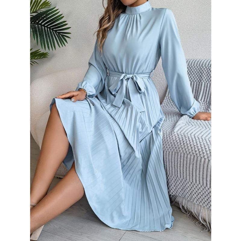 Autumn and winter elegant stand-up collar long-sleeved waist pleated long skirt, fashionable temperament small dress ladies dress