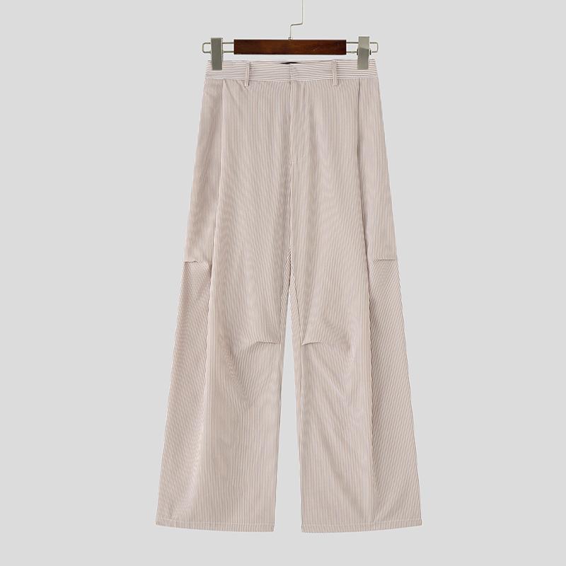INCERUN Men Casual Zipper Waist Striped Long Ruffled Wide Legs Pants Trousers