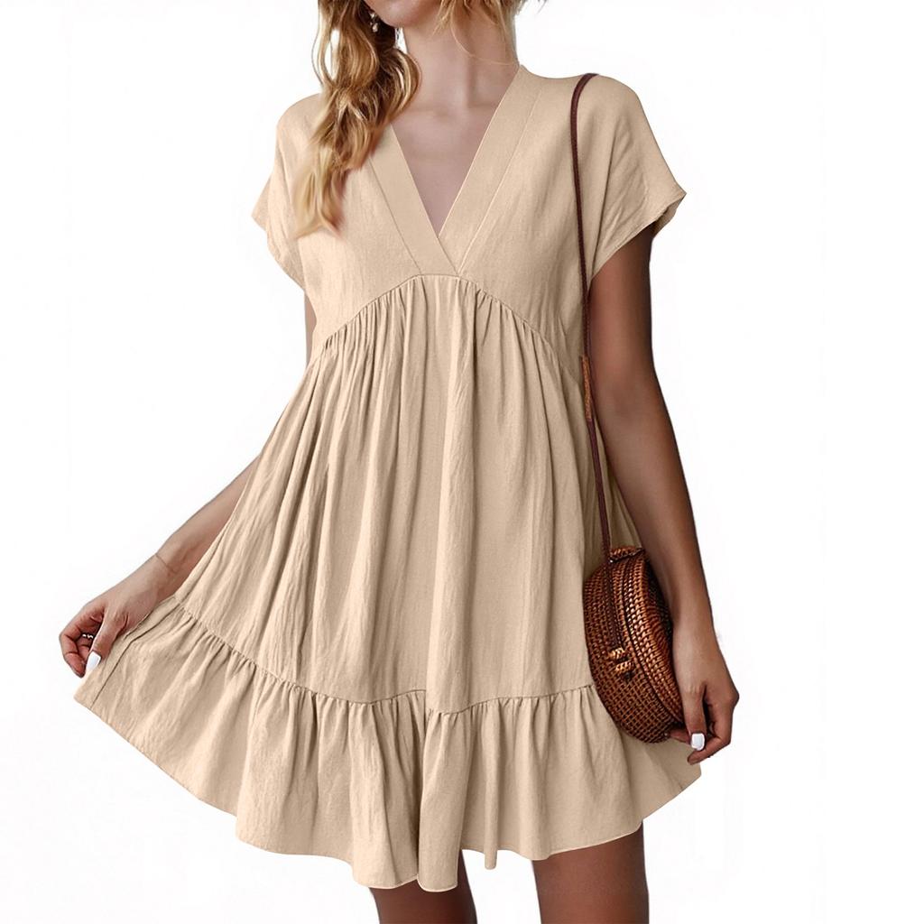 Women's Fashion Casual Slim Covered Sleeve V-Neck Pleated Ruffle Dresses