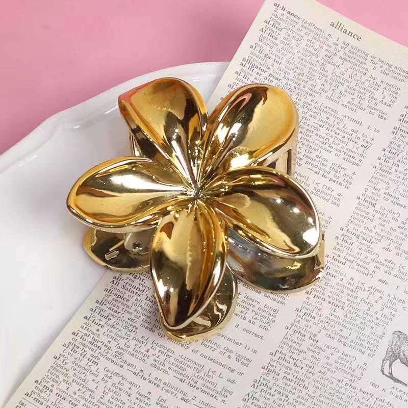Pinza para el pelo de flor simple dorada y plateada para mujer, garra de pelo retro de acrílico brillante, accesorios para el pelo para niñas