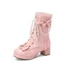 Winter Girls Ankle Boots Sweet Lolita Bowknot Lace Party Wedding Shoes Women High Heels Girls Princess Cosplay Fur Boots 30-43