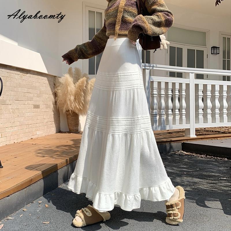 Korean Fashion Autumn Winter Women Maxi Long Skirt High Waist Beige Black Gray Knitting Skirt Knitted Ruffles Feminine Warm Skirt