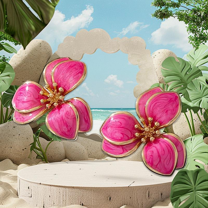 Spring and Summer Colorful Oil Dripping Flower Earrings Simple Design Double Petal Earrings for Women