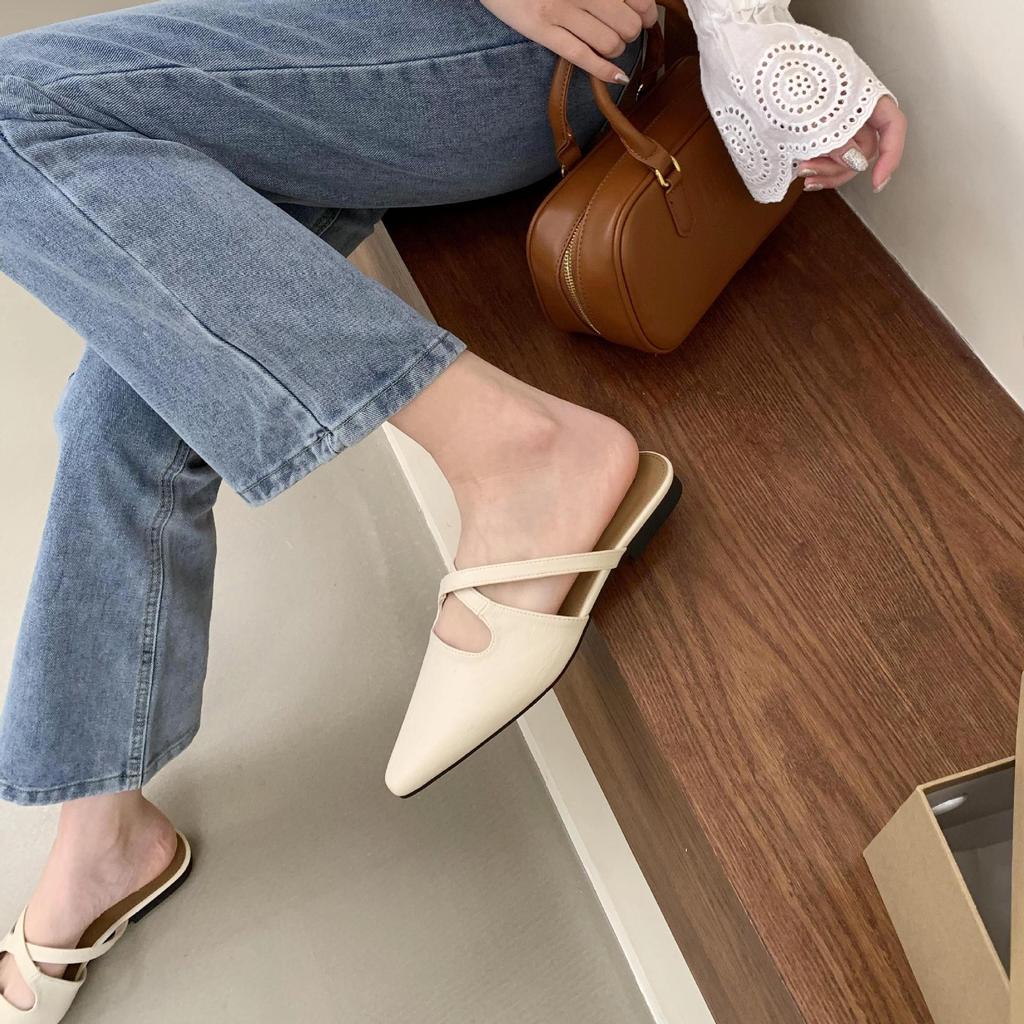 French retro flat-bottomed pointed head bag head half slippers women's shoes wear 2025 summer pointed head lazy cool slippers women