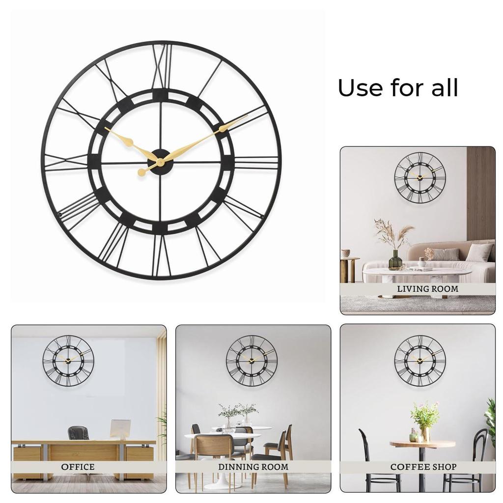 Iron Open Dial Roman Number Wall Clock with Special Big Clock Hands Analog Clock for Living Room Bedroom and Office - 30 Inch, Blackd