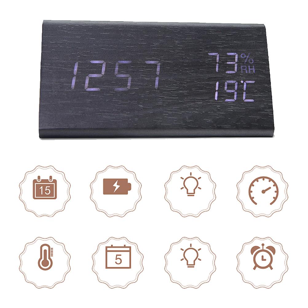 Digital Clock Wooden Electronic LED Time Display Temperature and Humidity Detect Clock for Bedroom