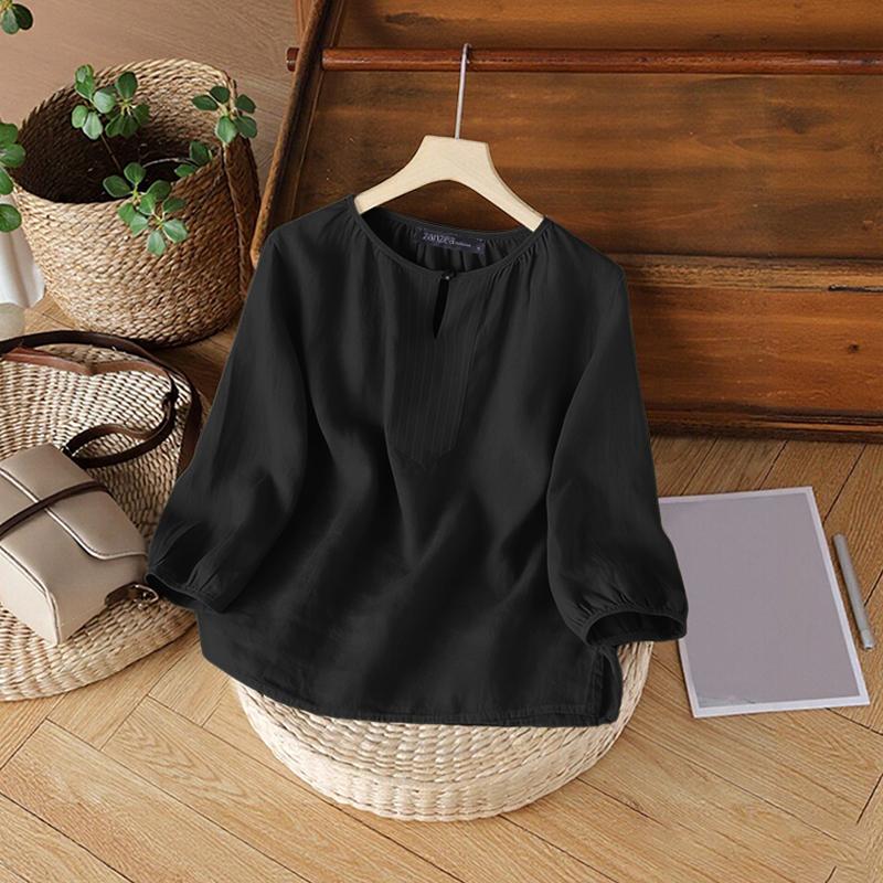 ZANZEA Women Casual Round Neck Solid Color 3/4 Sleeve Loose Blouse