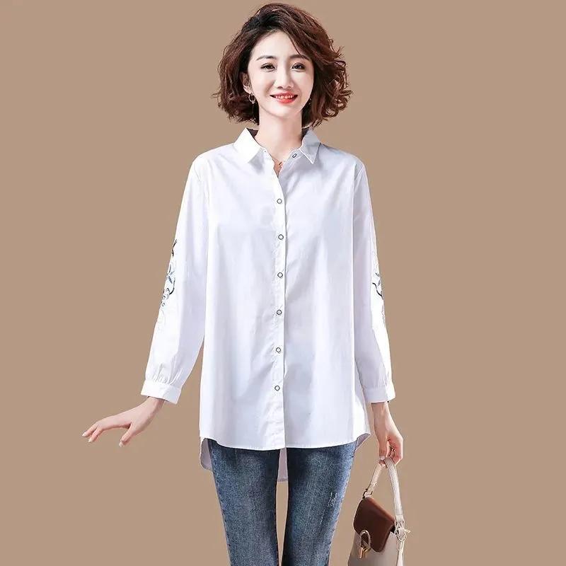 Women's Spring Loose Ethnic Style Embroidered Shirt Medium Long Literary Casual Tops