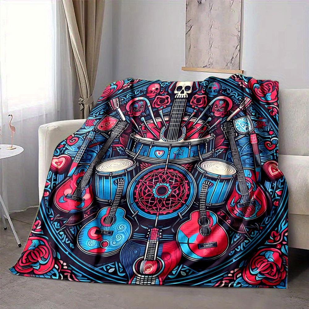 1pc Guitar Skull Lightweight Flannel Blanket, Comfortable and Warm Blanket, for Office and Camping Sofa Bed, Livingroom134