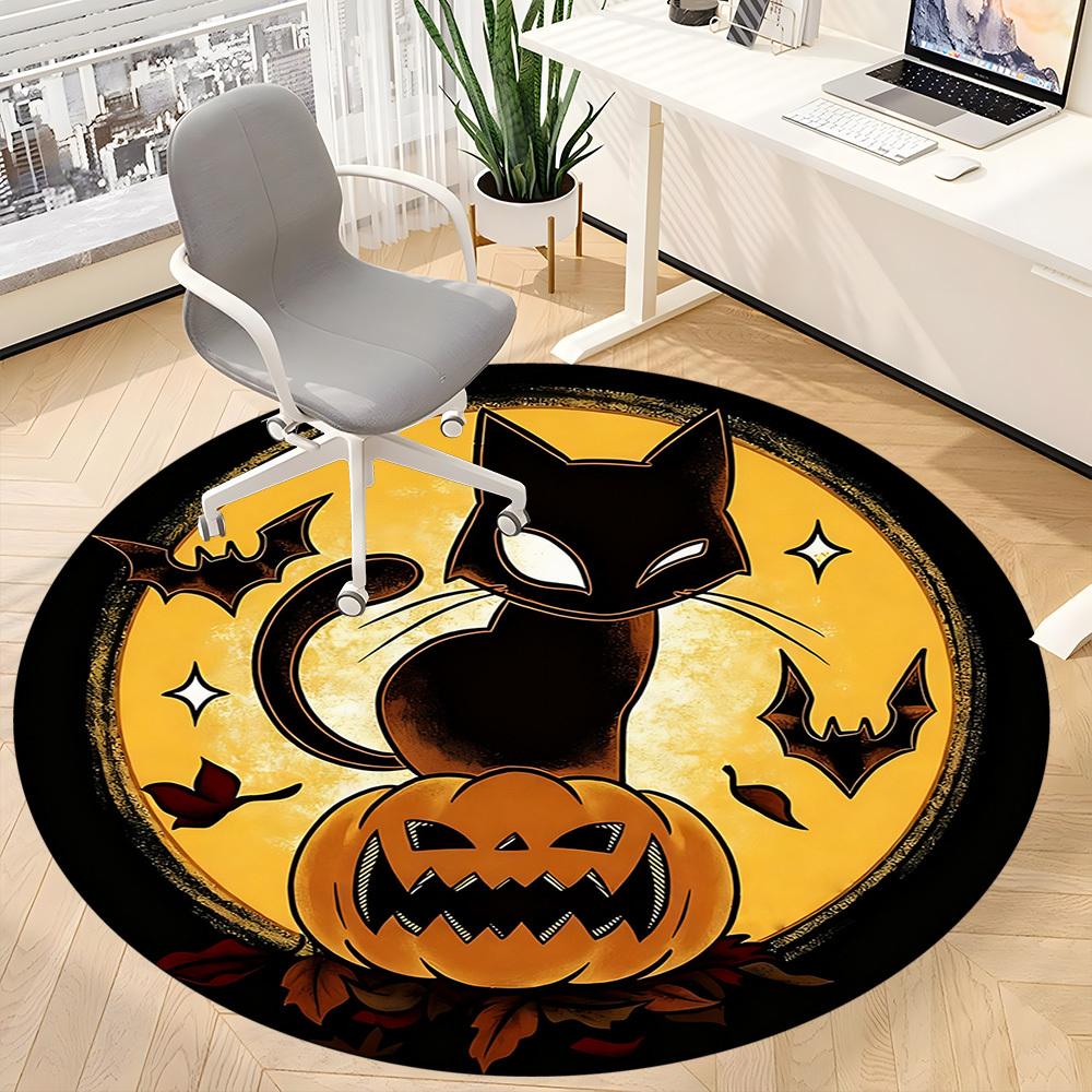 1PC Halloween Cat Office Round Area Rug, Mat Suitable ForOffice, Under Office Chairs Bedroom Living Room Home Decor, Room Deco