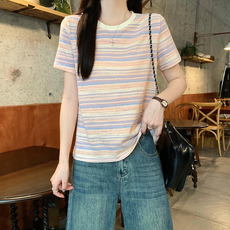 New foreign style age-reducing striped short-sleeved T-shirt design sense contrasting colors versatile and thin clothing tops and clothing summer 1 розовый