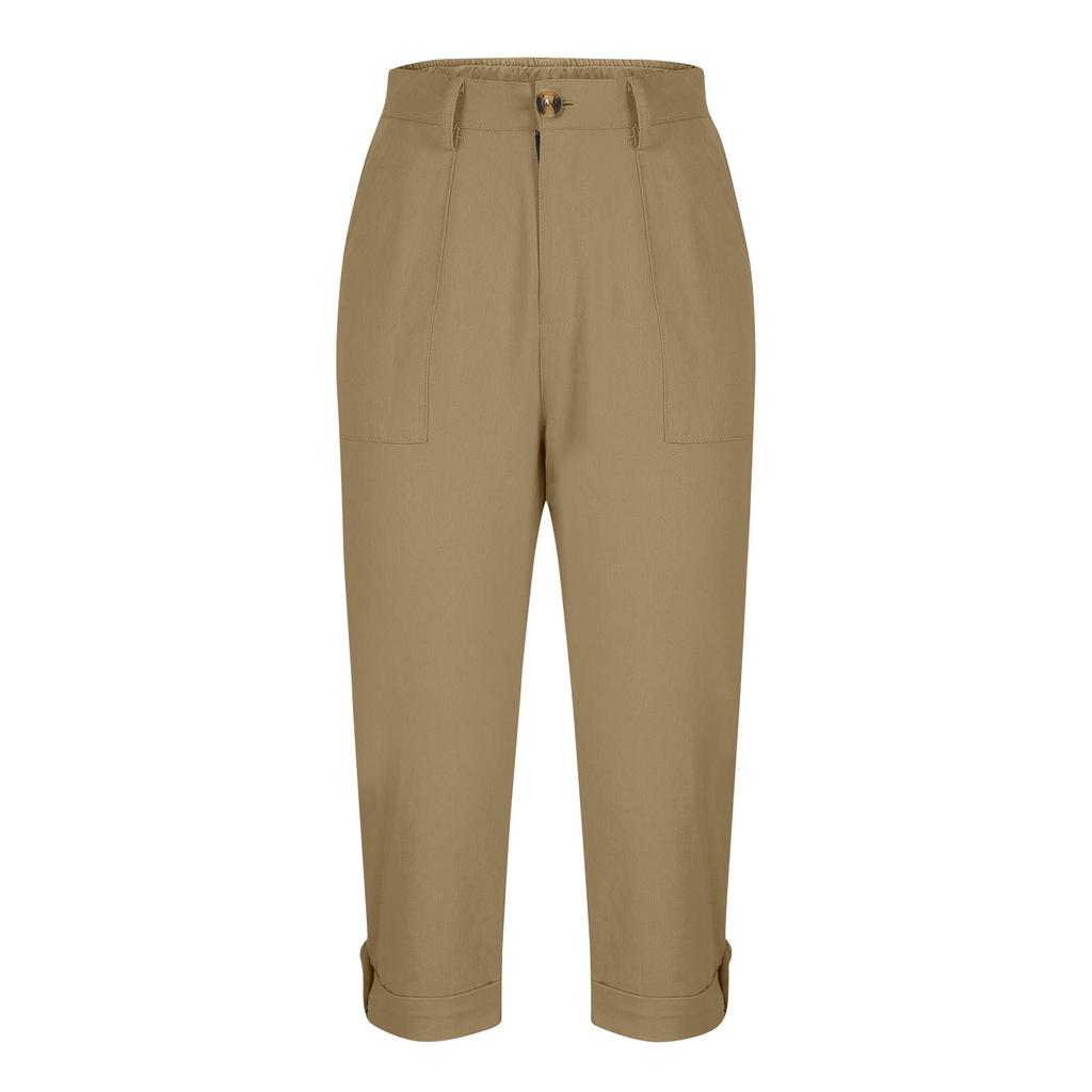 Women Casual Capri Pants High Waisted Rolled Cuff Ankle Pants Solid Color Pocket Detail Loose Fit Trousers