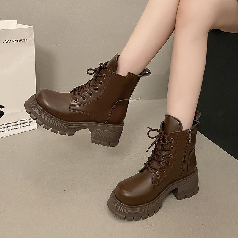Thick-soled Martin Boots Women's 2025 Autumn New Single Boots Black Thin Boots Lace-up Locomotive Short Boots
