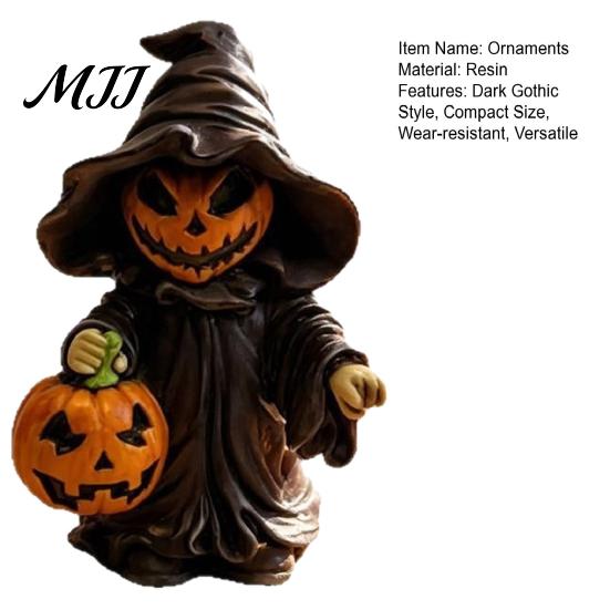 Pointed Hat Wizard Statue Halloween Witch with Pumpkin, Cute In & Black Robe, Resin Gothic Jack-o'-lantern Decor Tabletop for Desk Shelf