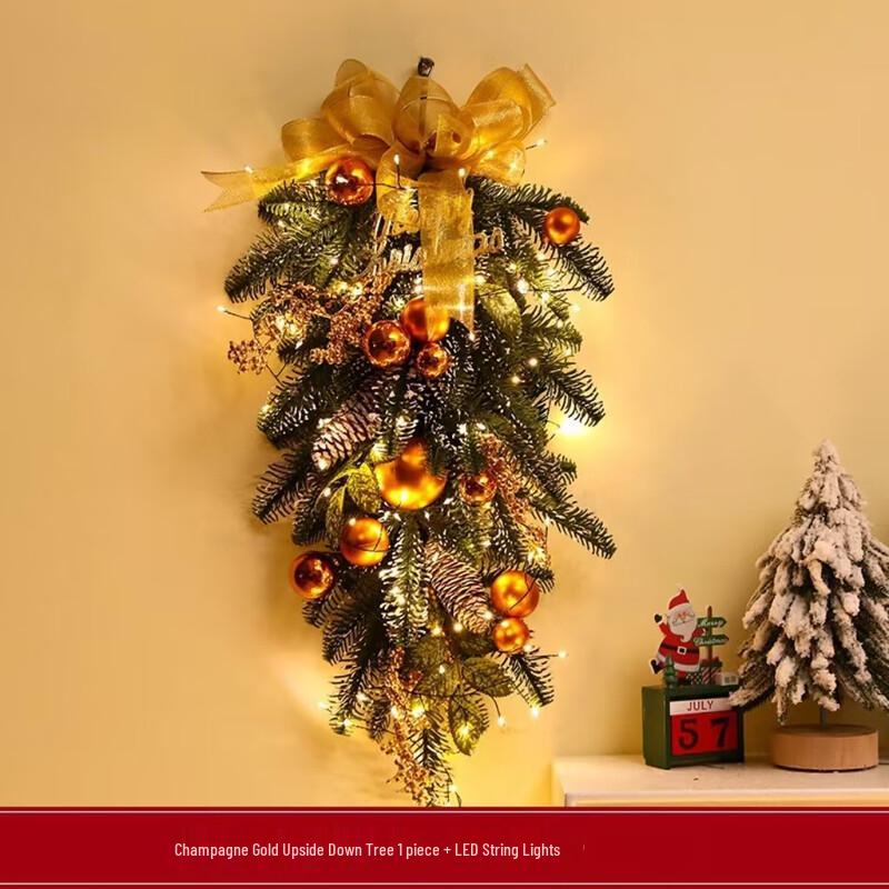 Champagne Gold Upside-Down Christmas Tree Garland with Lights