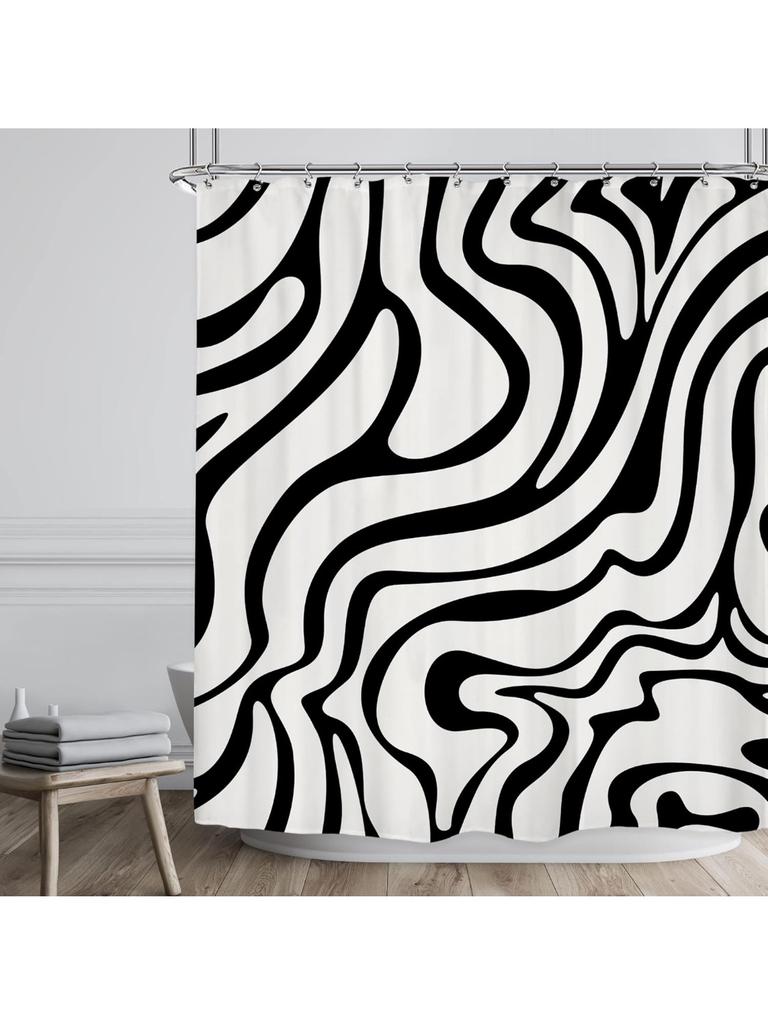 Retro Black White Shower Curtain Abstract 70s Art Waves Stripes Geometric 60s Vintage Simple Aesthetic Artistic Bathroom Decor