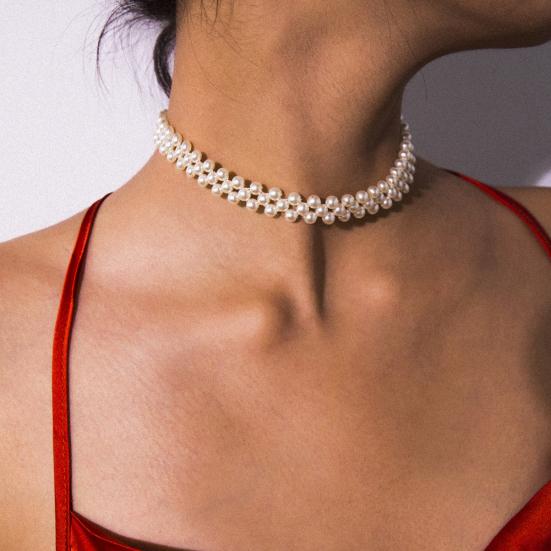 Abendparty Damen Elegant Faux Perlen Choker Halskette Schmuck Jubiläumsgeschenk