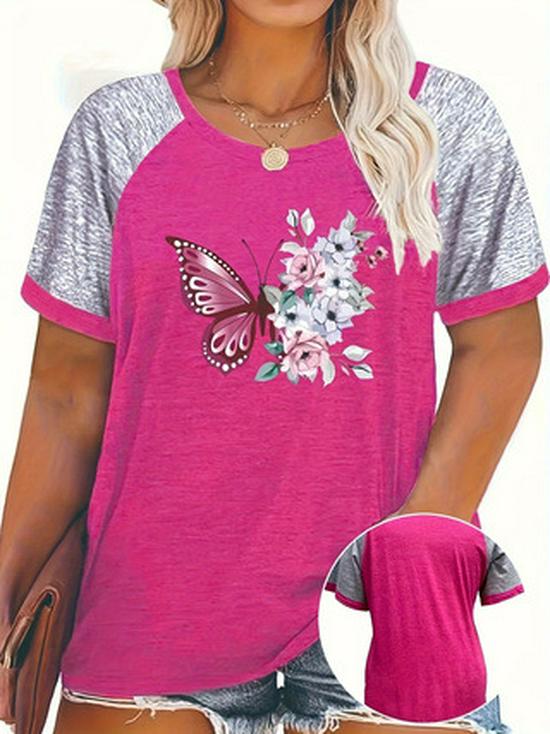 

Plus Size Butterfly Floral Raglan Tee - Women s Summer Casual Short Sleeve Top (0XL) 5XL розы красного