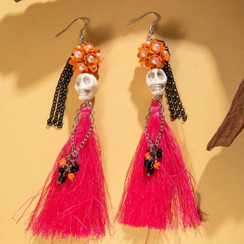 Halloween Funny Skull Tassel Rice Bead Earrings, Creative Rose Earrings