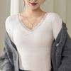 Winter Thermo Oberteil Langarm V-Ausschnitt Damen Slim Fit Shirt Spitzenbesatz Einfarbig Gepolsterte Innenschicht