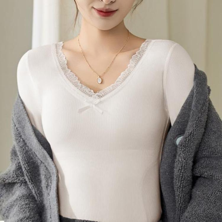 Winter Thermo Oberteil Langarm V-Ausschnitt Damen Slim Fit Shirt Spitzenbesatz Einfarbig Gepolsterte Innenschicht