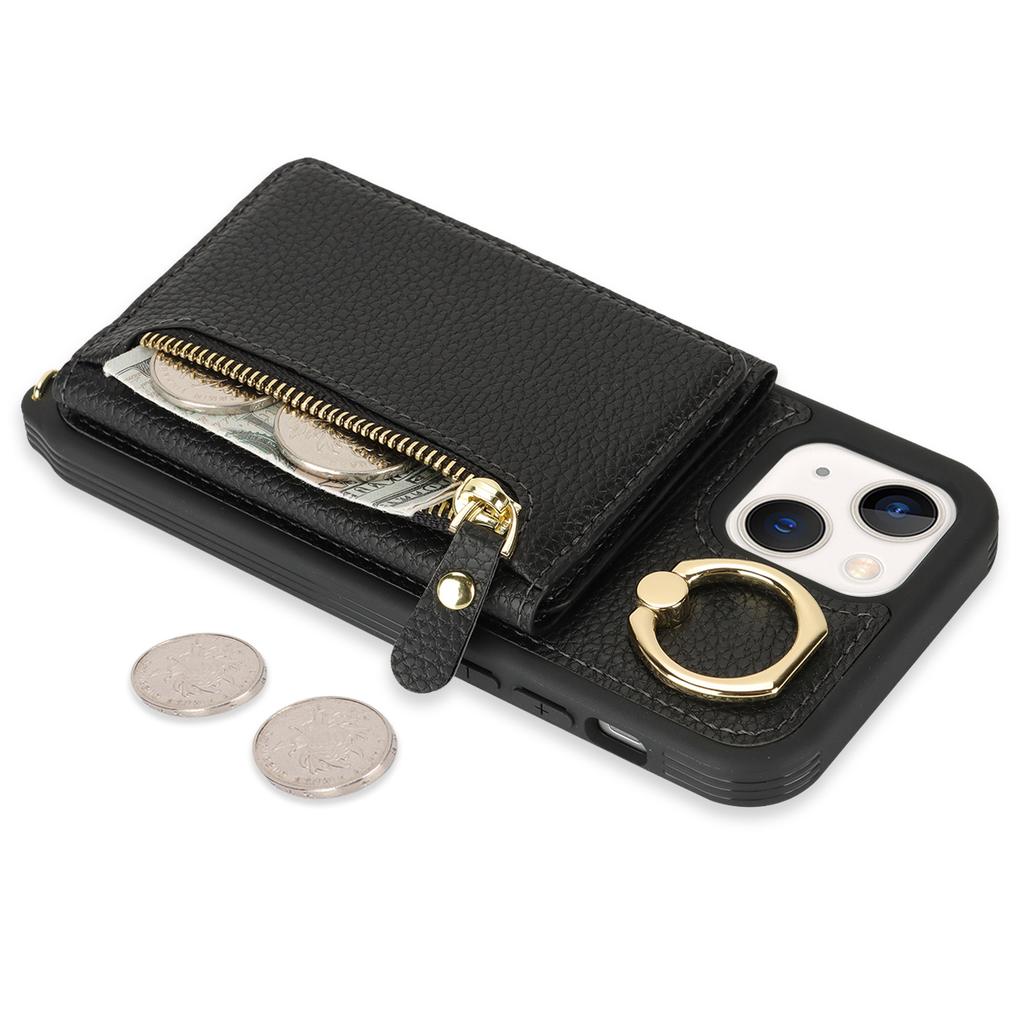 For iPhone 13 Mini Case Card Bag Zipper Pocket Leather+TPU Ring Holder Phone Cover with Long Strap
