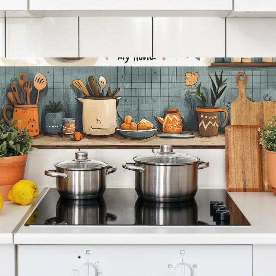 Oil Proof Wall Stickers Wallpaper, Kitchen Backsplash Wall Protector, Cookware Pattern Waterproof Heat Resistant Wall Sticker, Self-Adhesive Sticker