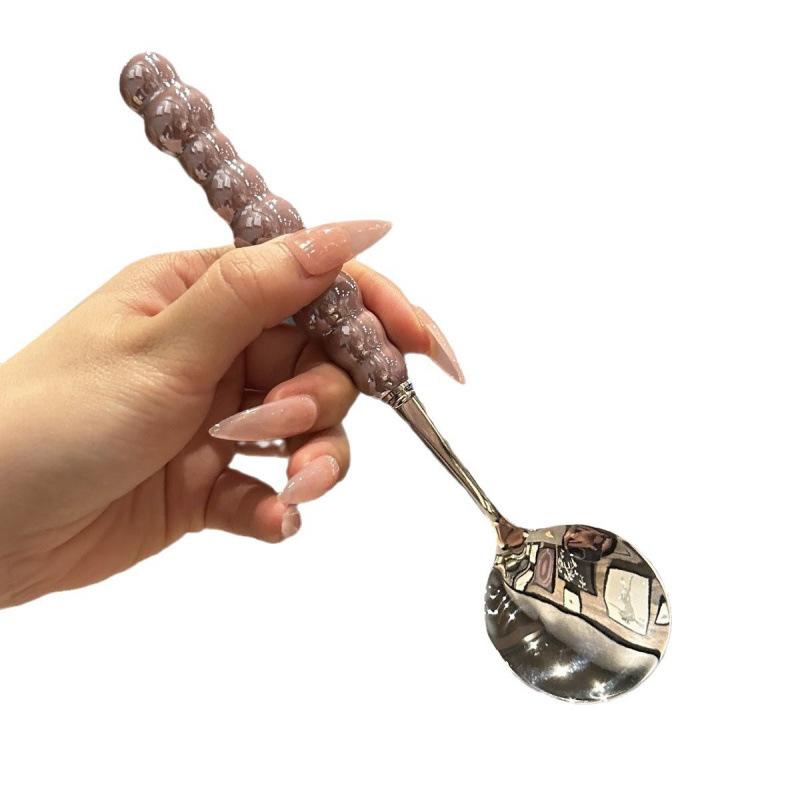 Stainless Steel Round Spoon Net Red Golden Dinner Long Handle Stirring Dessert Spoons for Kitchen Accessories Gadgets