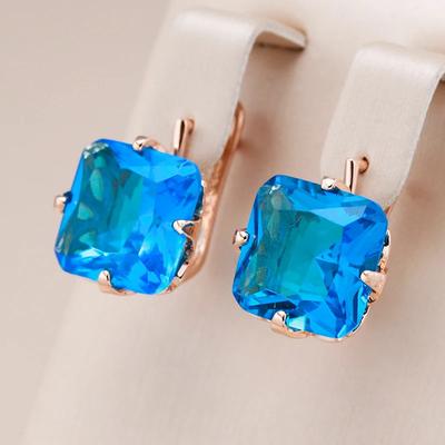 1 par de pendientes colgantes de circonita azul grande y cuadrado para mujer, joyería fina con patrón étnico de boda de Color dorado