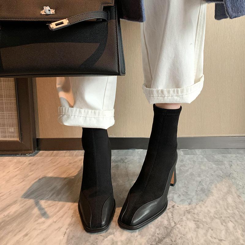 French Square Head Thick Heel Martin Boots Women's Autumn and Winter Elastic Temperament Versatile Short Boots