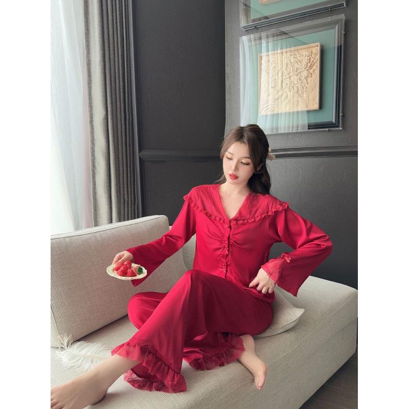 2025 Satin French Pajamas: Women's Ice Silk Long Sleeve & Pants Sweet Style Homewear Set