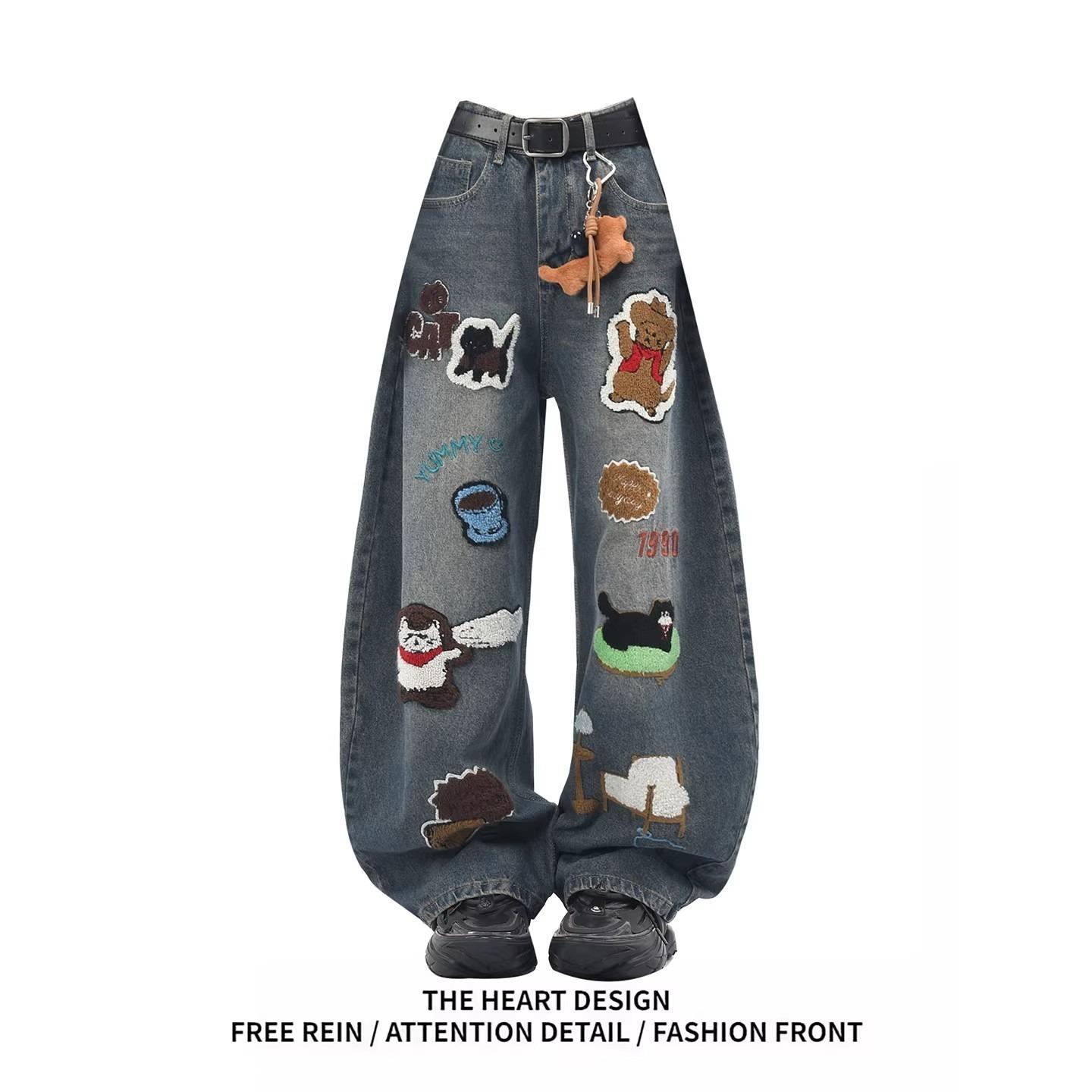 Fashionable and stylish cartoon embroidered personalized trendy casual wide-leg men s washed jeans S синий