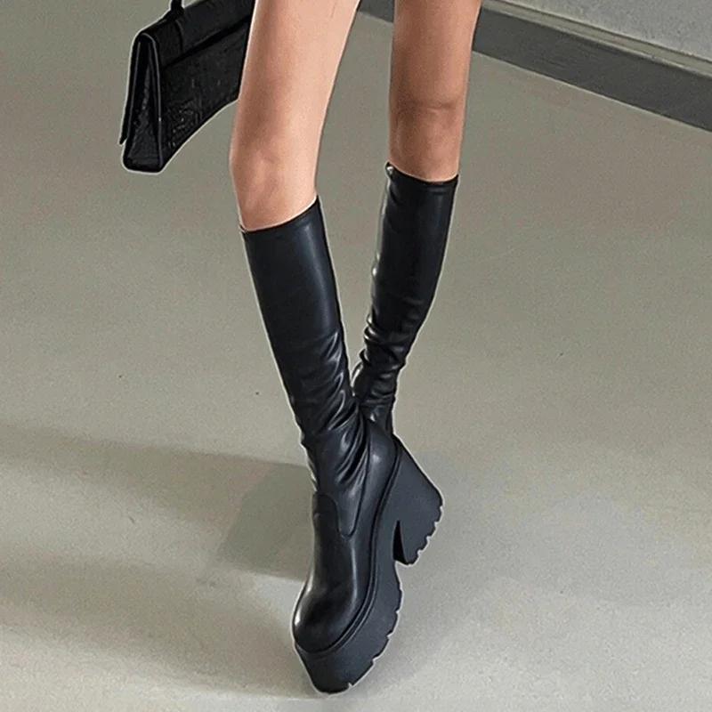 Fashion Punk Style Platform Women Long Boots Fashion Elegant Square High Heel Shoes Autumn Winter Women's Morder Long Booties