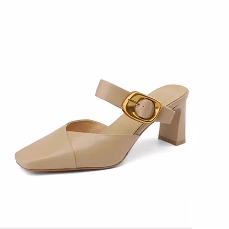 Comemore Baotou Sandal Slippers Summer New Casual Outside Wear Leather High-heeled Solid Mules Half Slipper for Women