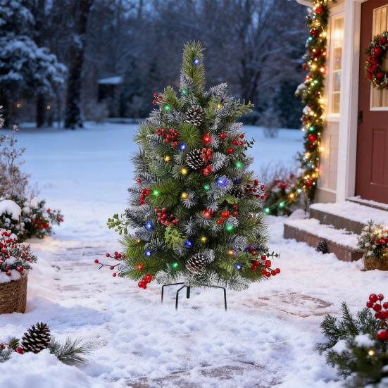 Lighted Artificial Christmas Urn Filler Battery Operated Pre-lit Xmas Pine Trees with Tripod Stake And LED Lights Holiday Planter Filler for