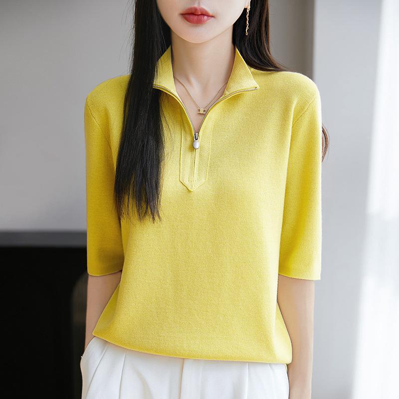 Spring/Summer 2025 Silk Wool Half Turtleneck Zip Sweater - Solid Color, Half Sleeve Top